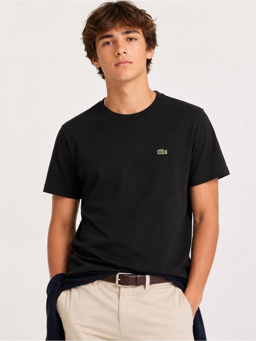 Lacoste Youth Black Crewneck T-Shirt | Size 14 | 100% Cotton | Classic Croc Logo